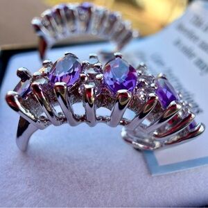 Amethyst Ring with clear Gemstone Accents.   Matching Post Earrings